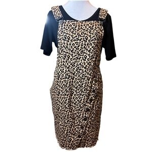 NWOT Forever 21+‎ Leopard Print Jean Overall Dress 2X Button Front Pockets